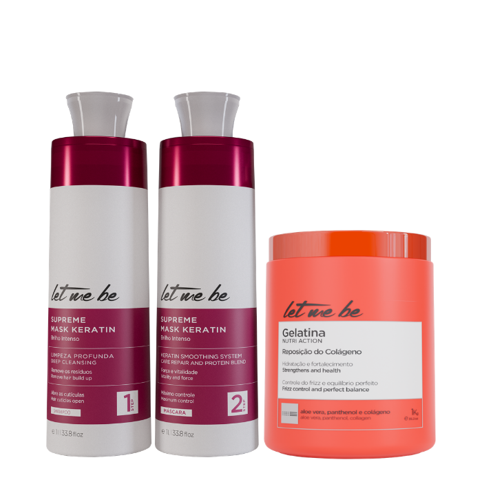 Kit Alisamento Supreme Mask Keratin | 2x1L + Máscara Gelatina – Hidratação e Reposição do Colágeno | 1Kg